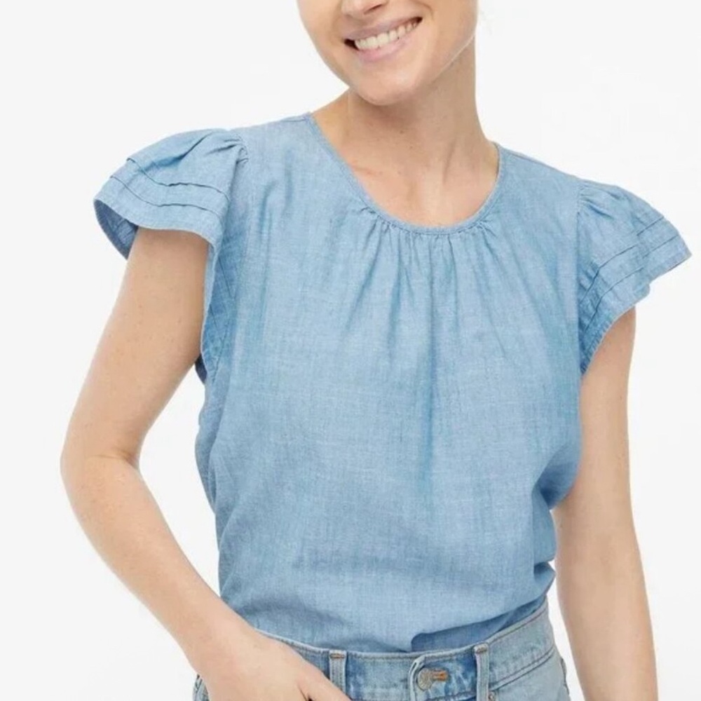 Soft J.Crew Light Blue Denim Chambray Ruffle Sleeve Blouse Sz L